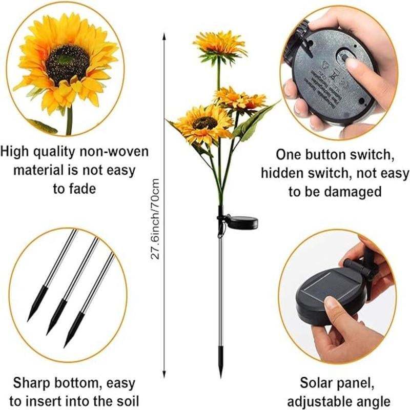 🌻FathersDayGift 2pcs Solar LED Sunflower Garden Lights, Realistic Night Glow for Yard, Lawn, Patio and Porch Decoration, Waterproof IP65