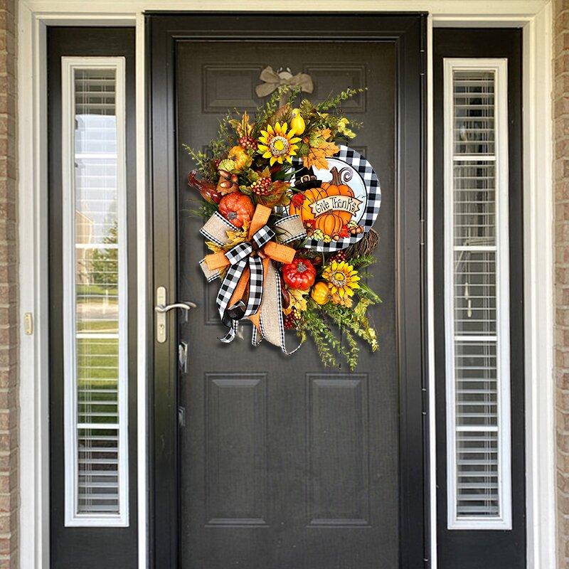 Farmhouse Buffalo Lattice Pumpkin and Sunflower Wreath