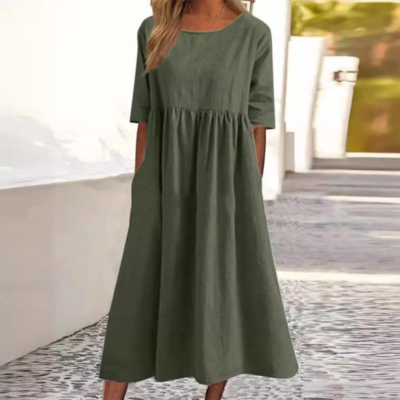 Summer New Casual Short Sleeve Pocket Fold Loose Round Neck Women's Dress Basic Womenswear