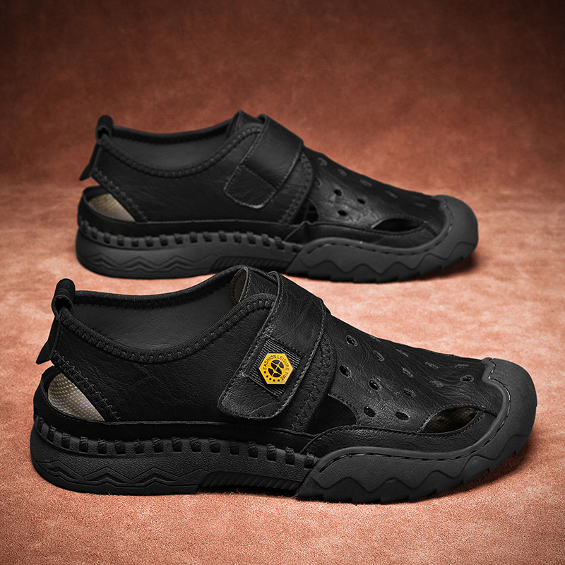 Men's Sandals Leather Durable Non Slip Outdoor Hiking Trekking Sandals Comfy Beach Water Shoes With Hook And Loop Fastener For Spring And Summer(Wide Foot Big Size)-walkjoyful