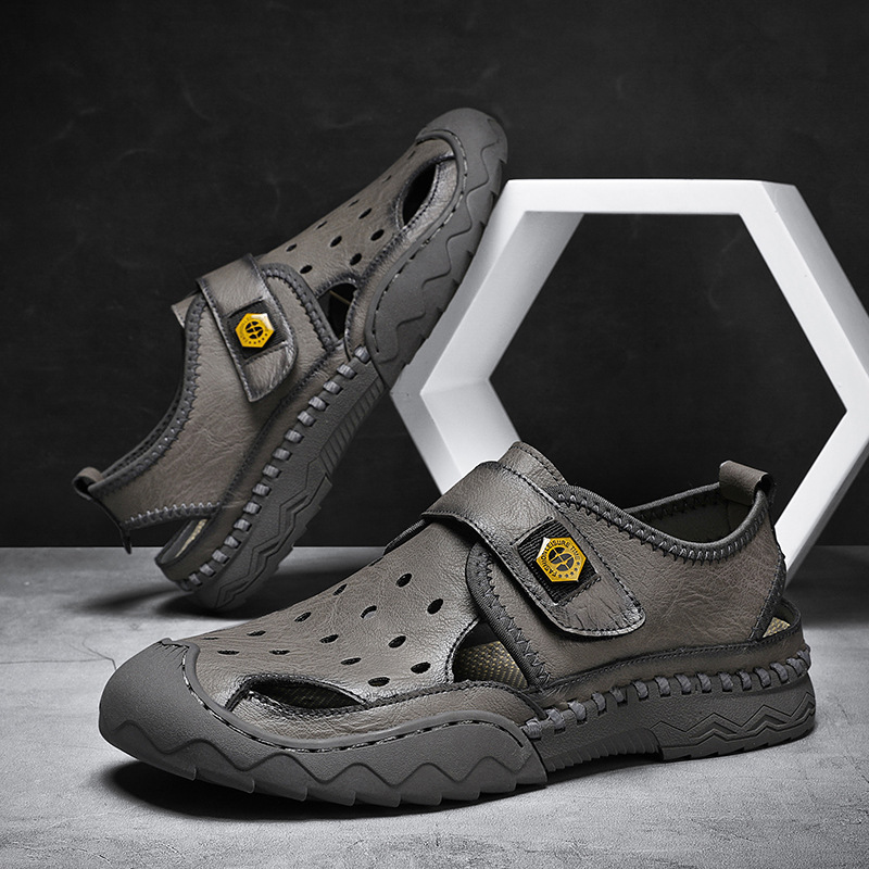 Men's Sandals Leather Durable Non Slip Outdoor Hiking Trekking Sandals Comfy Beach Water Shoes With Hook And Loop Fastener For Spring And Summer(Wide Foot Big Size)-walkjoyful