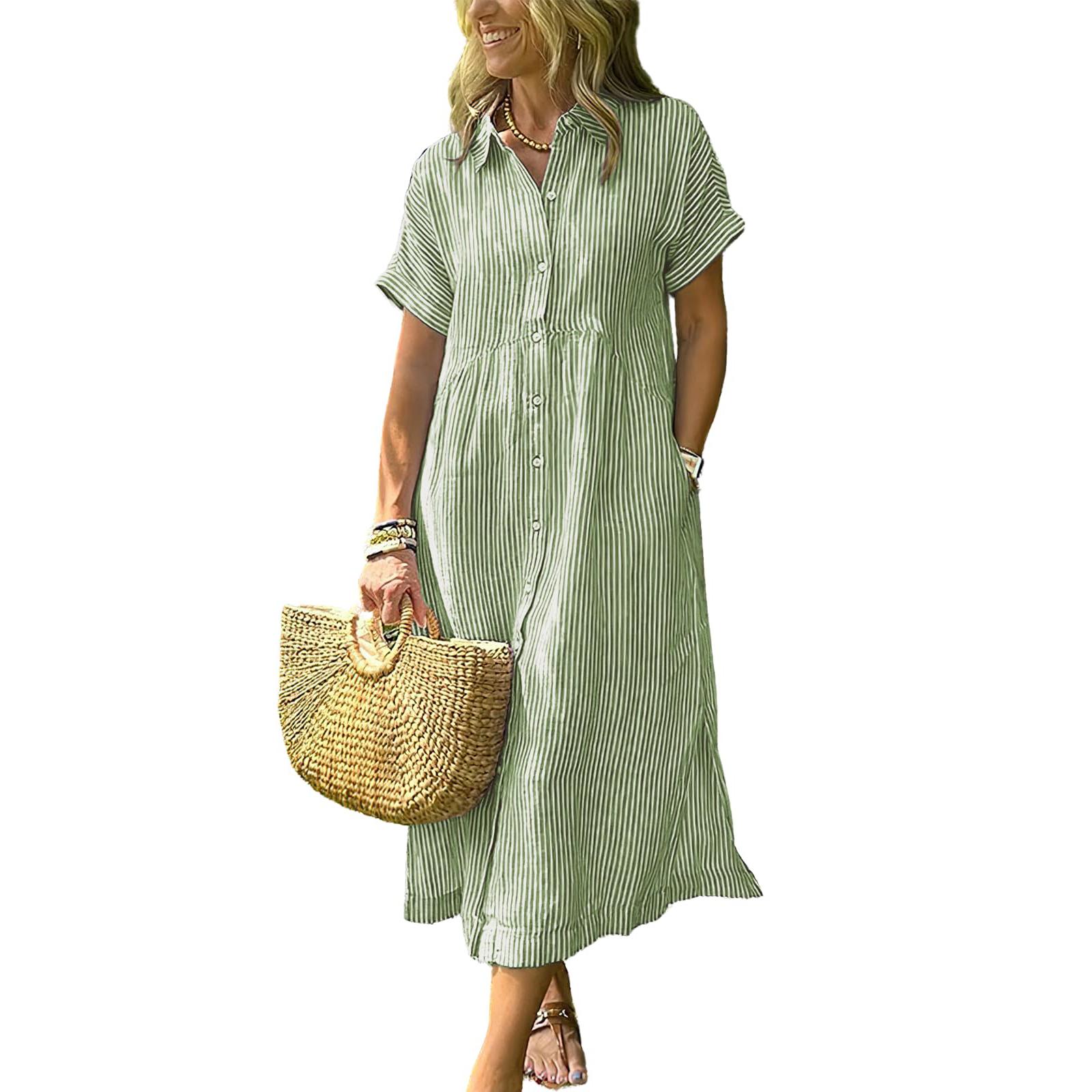 Chouyatou Women's Loose Midi Striped Shirt Dress Bohemian Side Slit Dress with Pockets Office Casual Outfit sundress Summer Breathable bounce dress