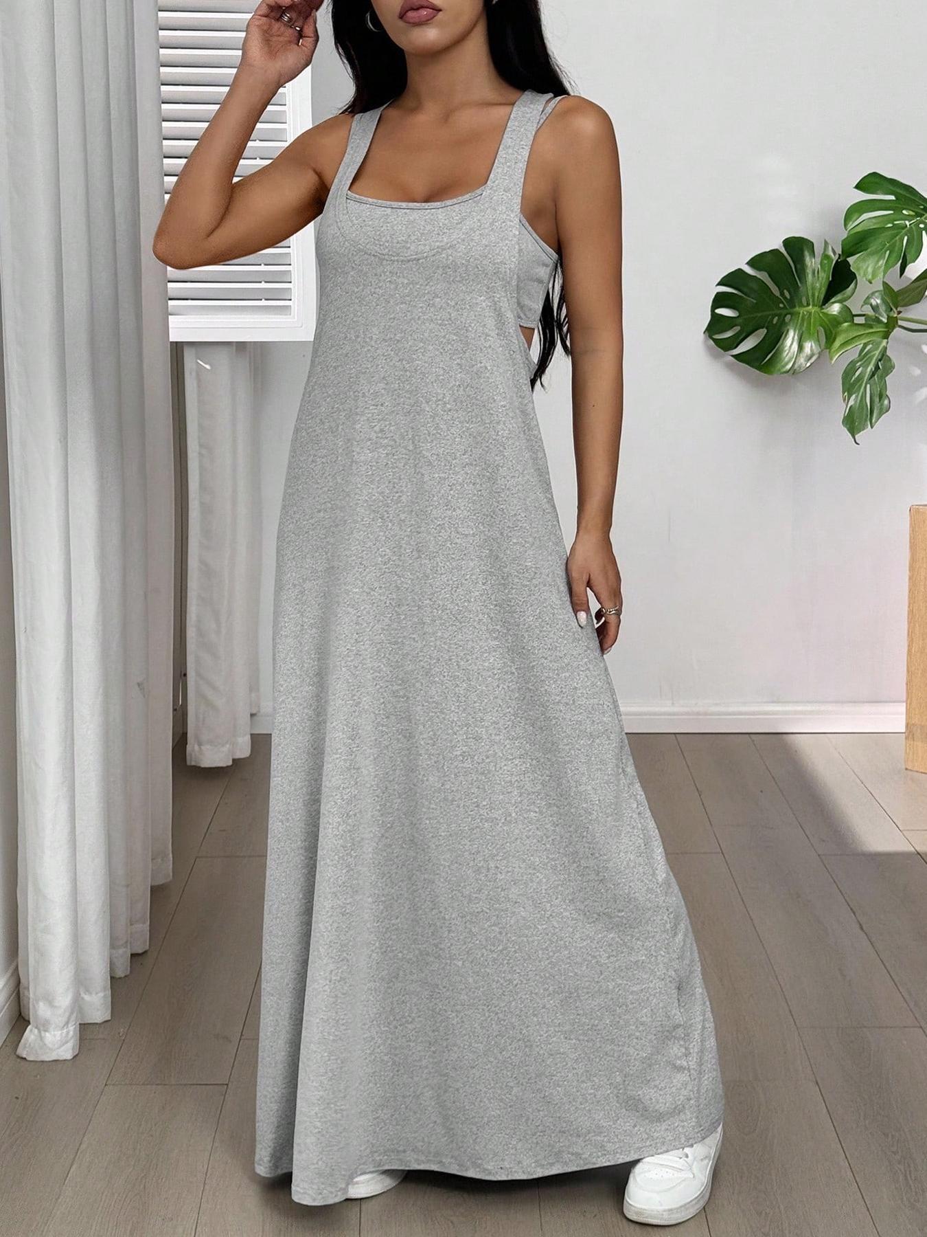 Women's 2pcs Heather solid color Tank Top & Cutout Maxi Dress Set , Soft Stretchy Fabric & Double-Strap Design