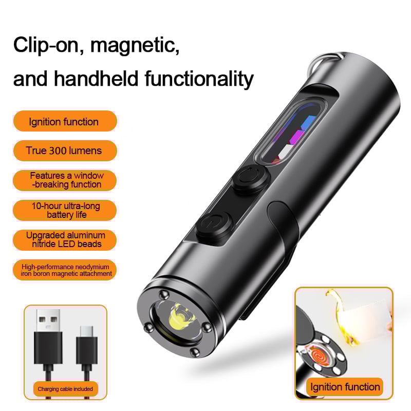 Pocket Rechargeable EDC Flashlight: 500 Lumens Mini Keychain Light with Fire Starter & Window Breaker