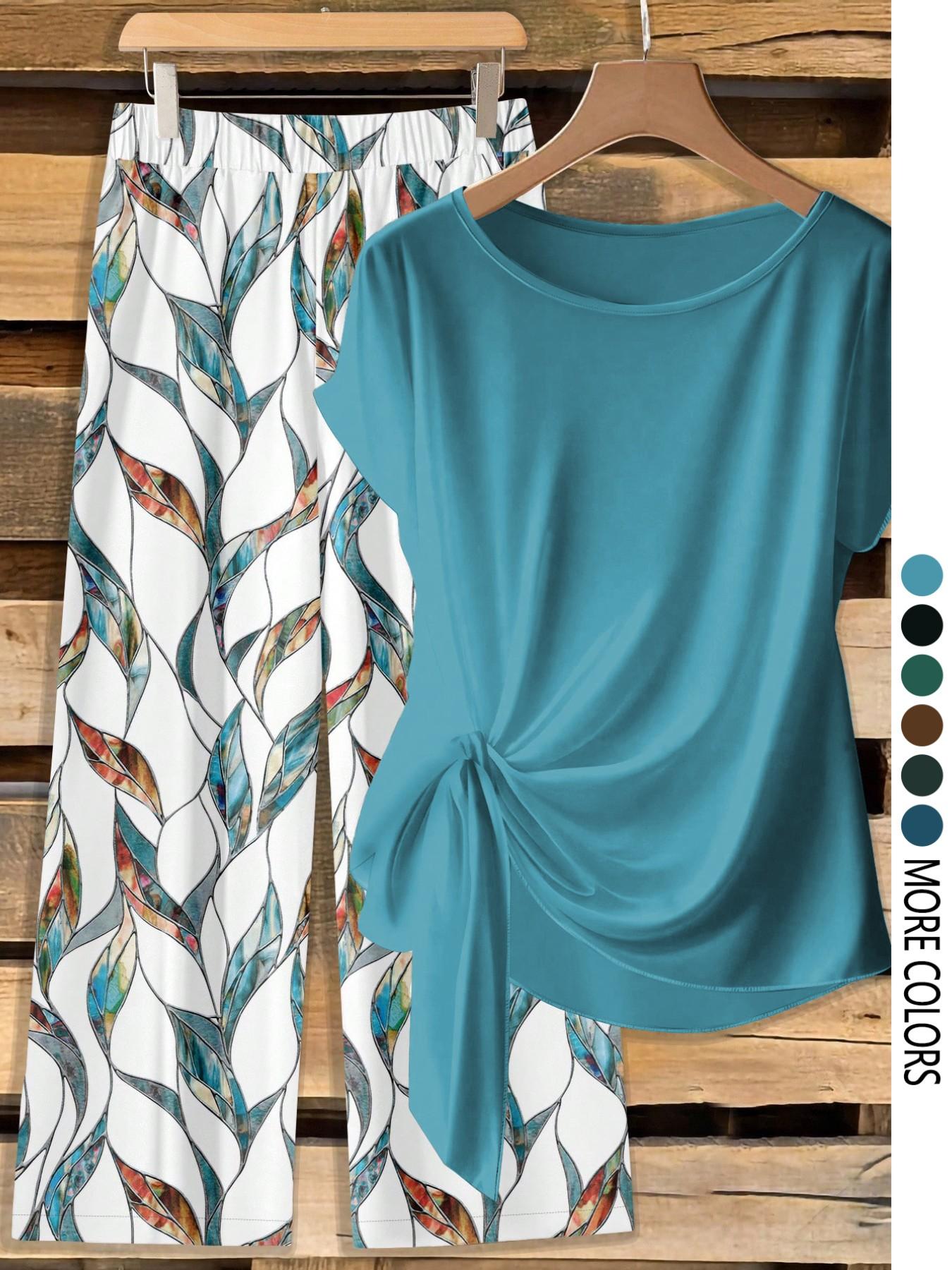 Women's Casual Printed Necktie Shirt and Loose Straight Pants Set, Womenswear, Perfect for Spring and Summer, Comfortable Two-Piece