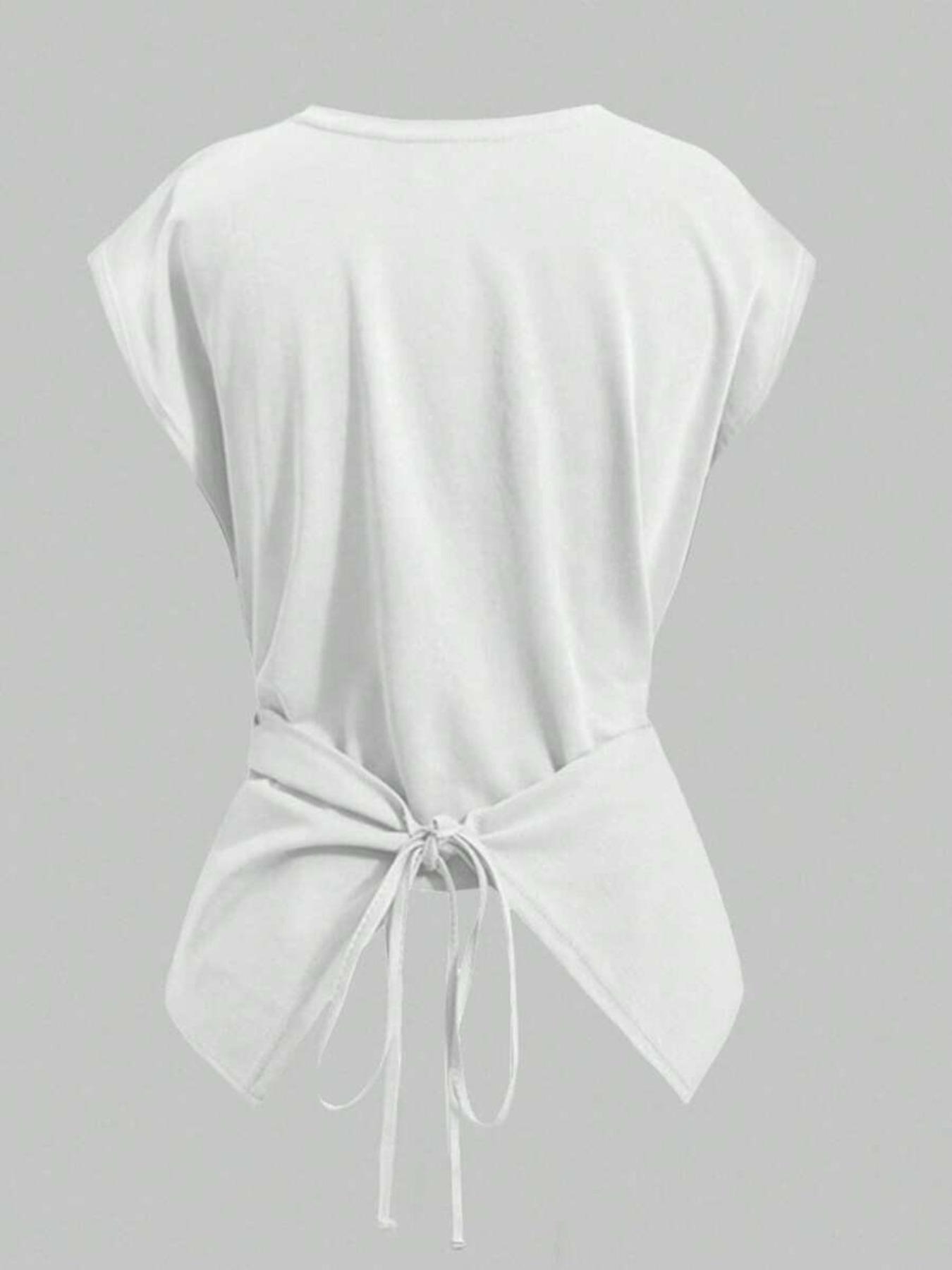 Women's Knitted Round Neck Drop Shoulder Sleeve T-Shirt Fit, Fashion Casual Chic Asymmetrical Criss Cross Back Tie Top, Spring & Fall Wear