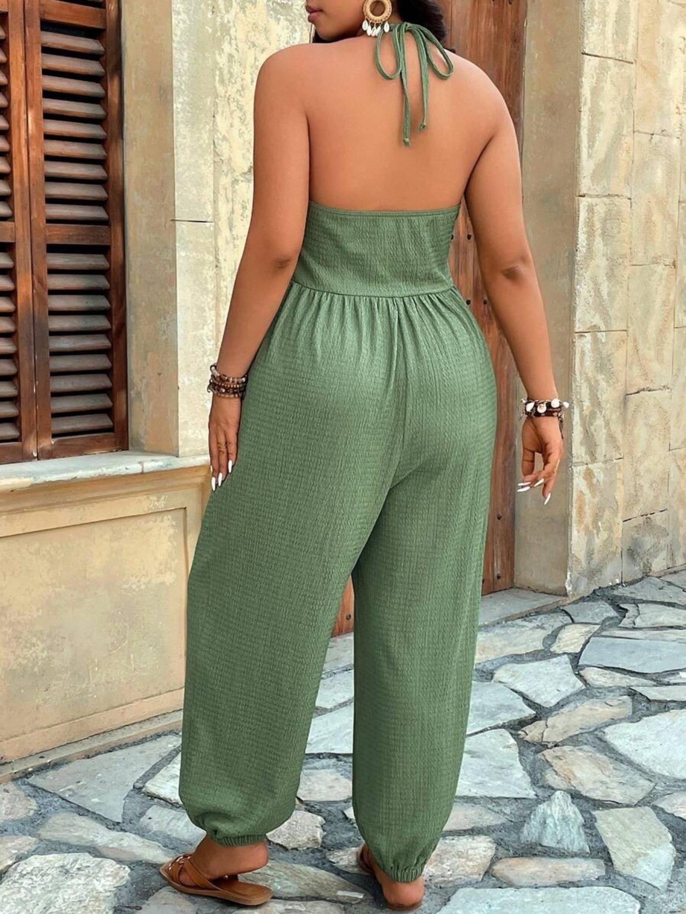 【Plus Size】 Solid Color Pocket Jumpsuit, Casual Sleeveless Jumpsuit for Daily Wear, Women's Plus Clothing for All Seasons, Womenswear