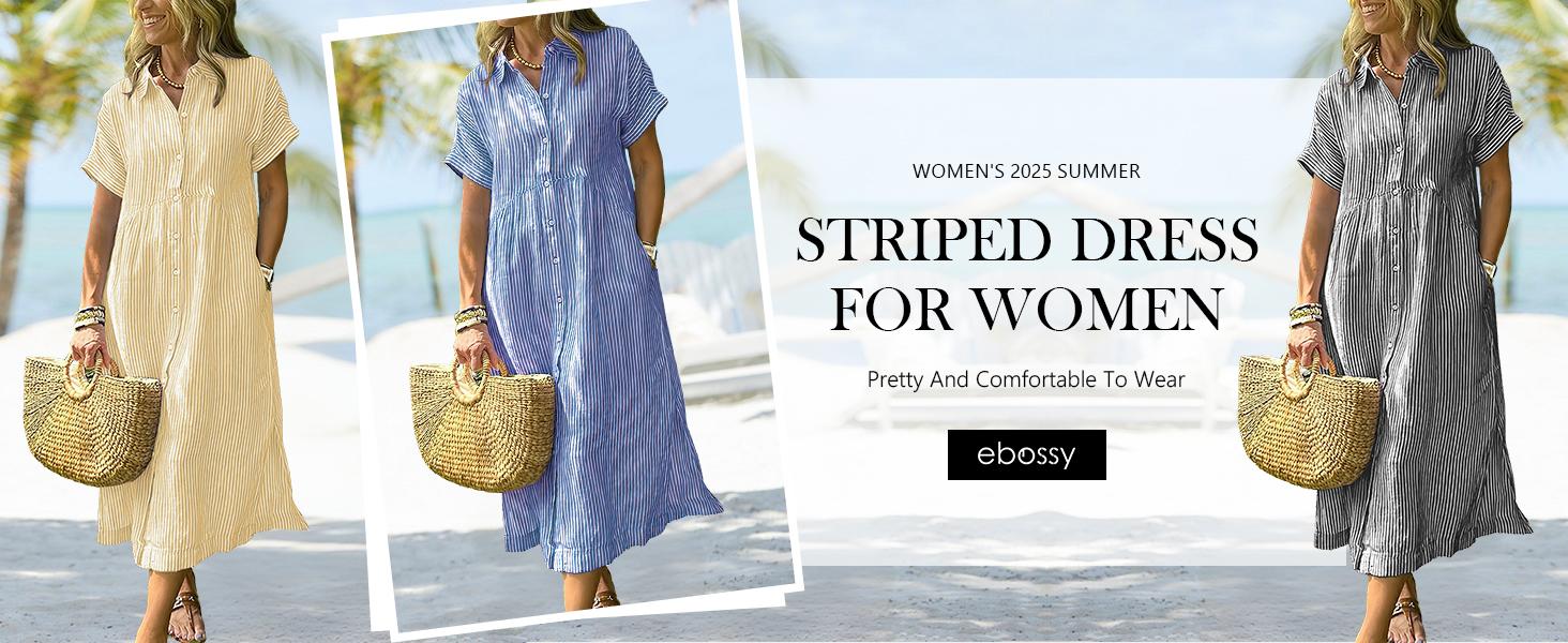 Chouyatou Women's Loose Midi Striped Shirt Dress Bohemian Side Slit Dress with Pockets Office Casual Outfit sundress Summer Breathable bounce dress