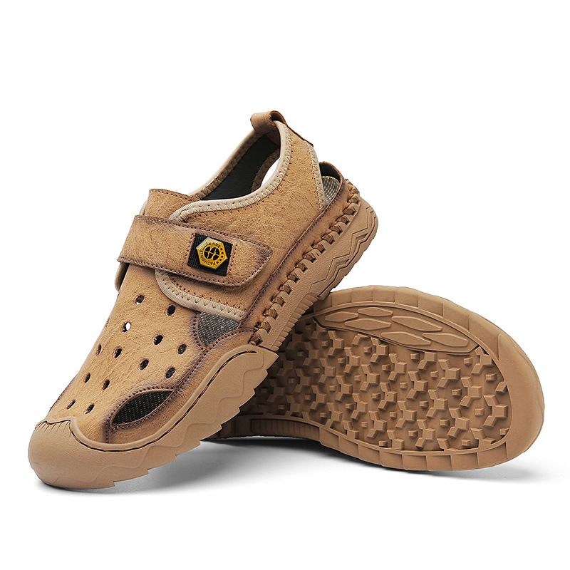 Men's Sandals Leather Durable Non Slip Outdoor Hiking Trekking Sandals Comfy Beach Water Shoes With Hook And Loop Fastener For Spring And Summer(Wide Foot Big Size)-walkjoyful