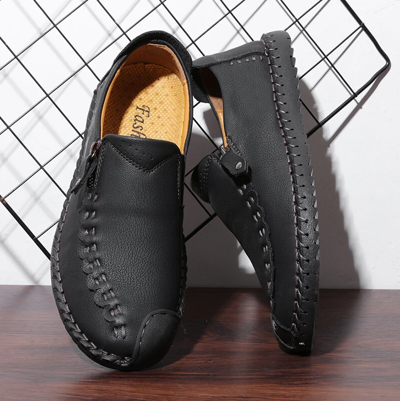 🔥Hot Sale🎉 Men Hand Stitching Vintage Casual Comfy Leather Soft Sole Zipper Slip On Loafers-walkjoyful