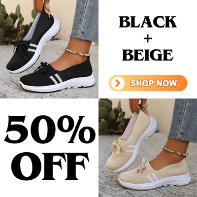🔥Summer Best Seller🔥Women’s Breathable Knit Slip-On Sneakers with Bow – Lightweight Low-Top Casual Shoes in Beige u0026 White for Everyday Comfort