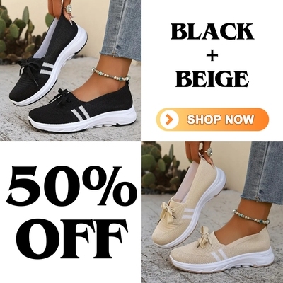 🔥Summer Best Seller🔥Women’s Breathable Knit Slip-On Sneakers with Bow – Lightweight Low-Top Casual Shoes in Beige u0026 White for Everyday Comfort