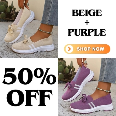 🔥Summer Best Seller🔥Women’s Breathable Knit Slip-On Sneakers with Bow – Lightweight Low-Top Casual Shoes in Beige u0026 White for Everyday Comfort