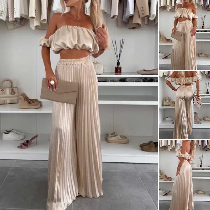 💖LAST DAY SALE 60% OFF💖Women’s Sexy Solid Color Top Wide Leg Pants Two Pieces Set