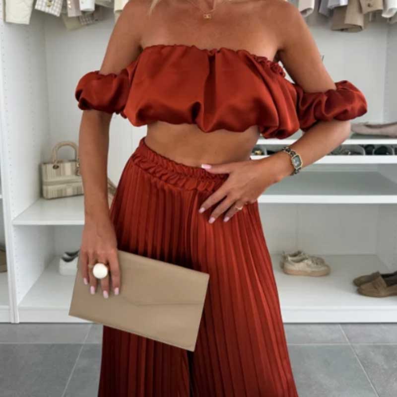 💖LAST DAY SALE 60% OFF💖Women’s Sexy Solid Color Top Wide Leg Pants Two Pieces Set