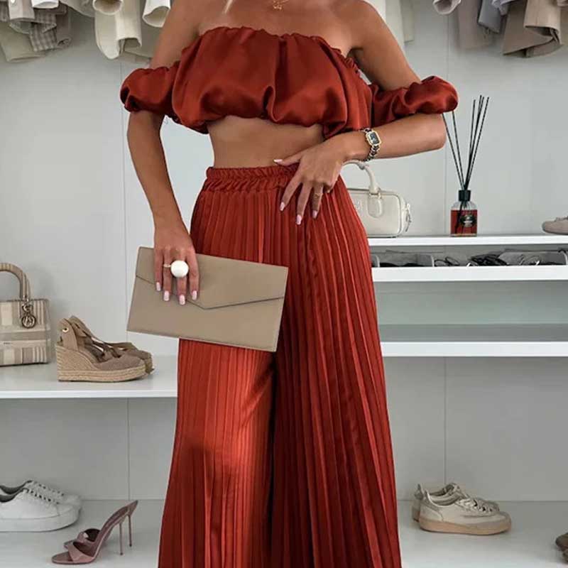 💖LAST DAY SALE 60% OFF💖Women’s Sexy Solid Color Top Wide Leg Pants Two Pieces Set