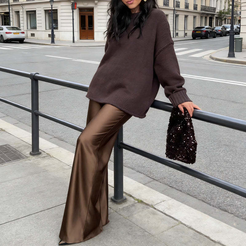 🔥New arrivals offer-Women's Knit Sweater & Lustrous Wide-Leg Pants 2-Piece Set