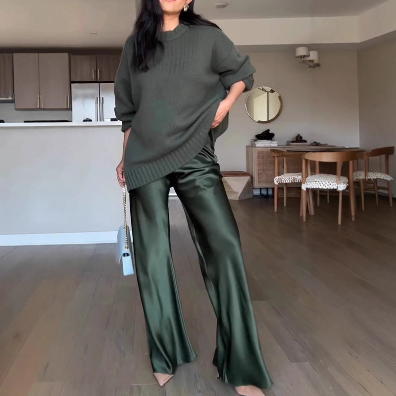 🔥New arrivals offer-Women's Knit Sweater & Lustrous Wide-Leg Pants 2-Piece Set