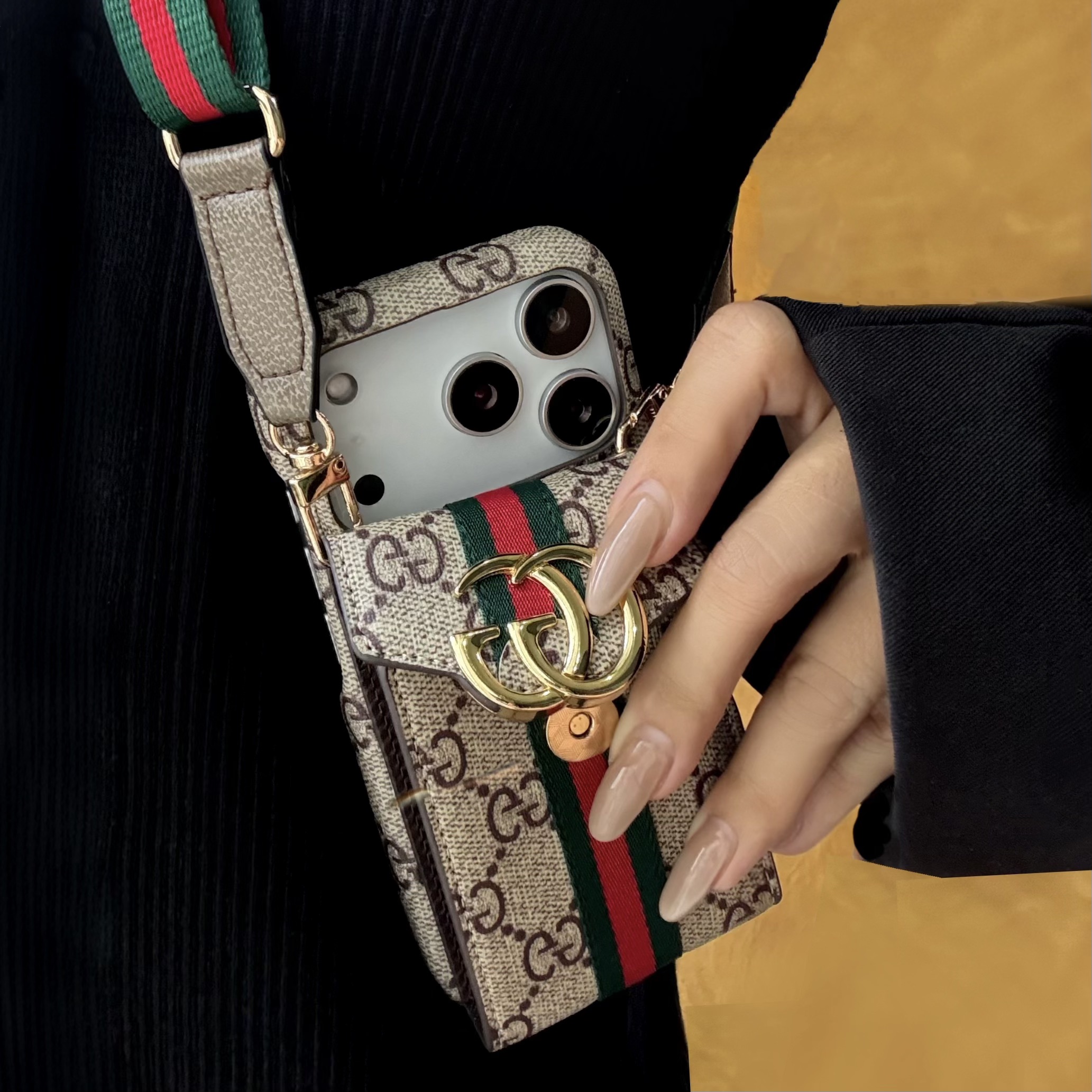 Leather GG iPhone Case With Card Holder And Strap Brown For iPhone 17 Series-GEGG028