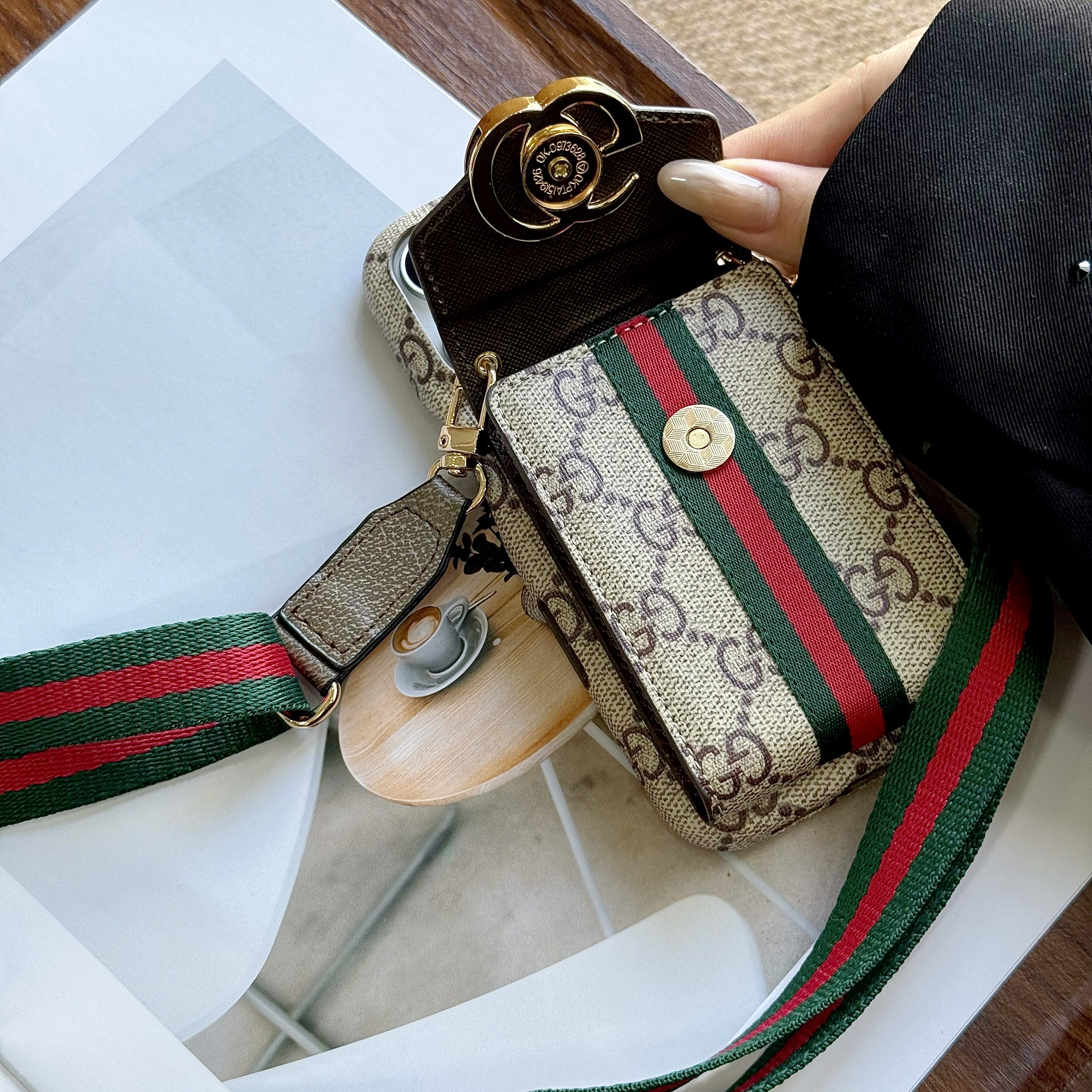 Leather GG iPhone Case With Card Holder And Strap Brown For iPhone 17 Series-GEGG028