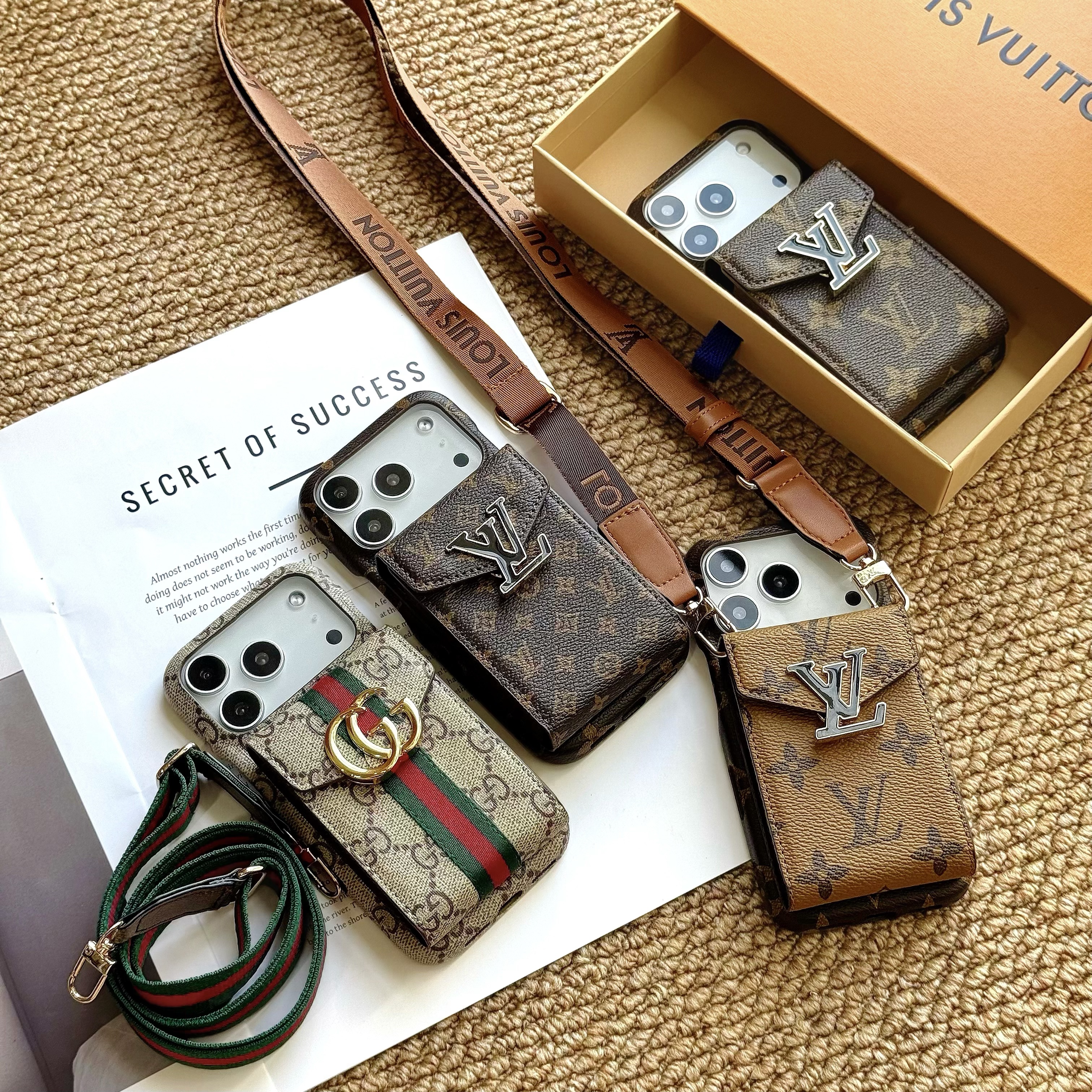 Leather GG iPhone Case With Card Holder And Strap Brown For iPhone 17 Series-GEGG028