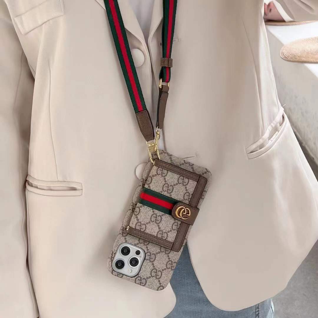 GG iPhone Case With Wallet And Crossbody Strap Brown -XK240330-GTOCASE