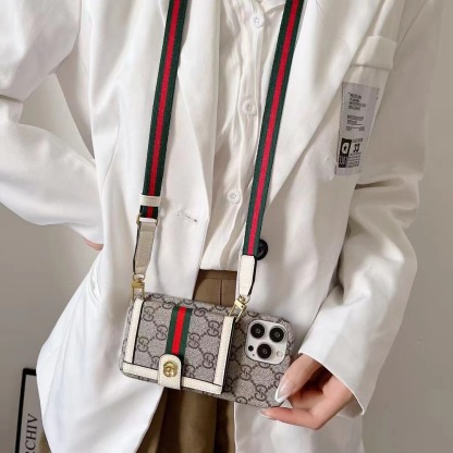 GG iPhone Case With Wallet And Crossbody Strap White -XK240330-GTOCASE