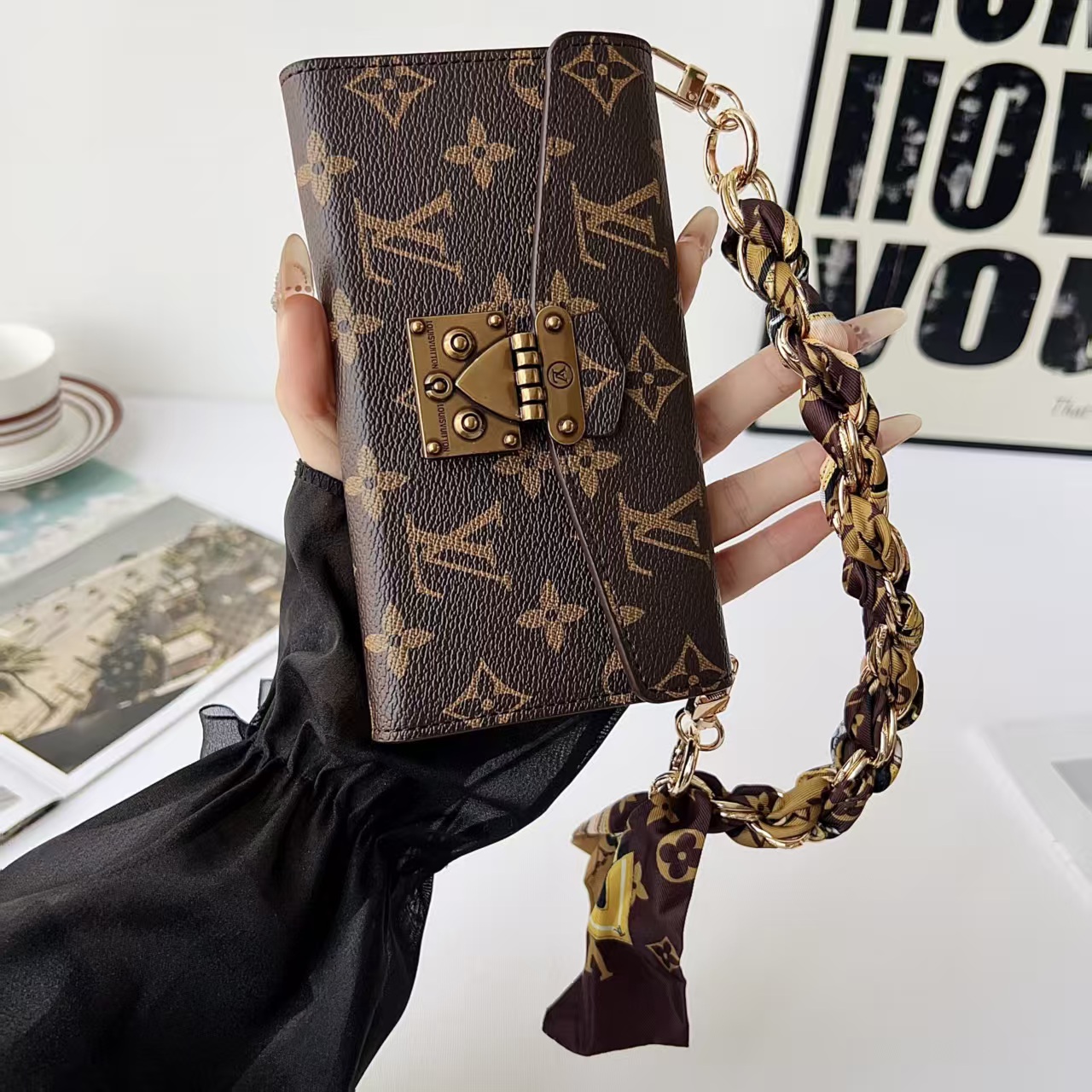 Luxury Monogram iPhone Case With Card Holder And chain For iPhone 17 Series-GELV099