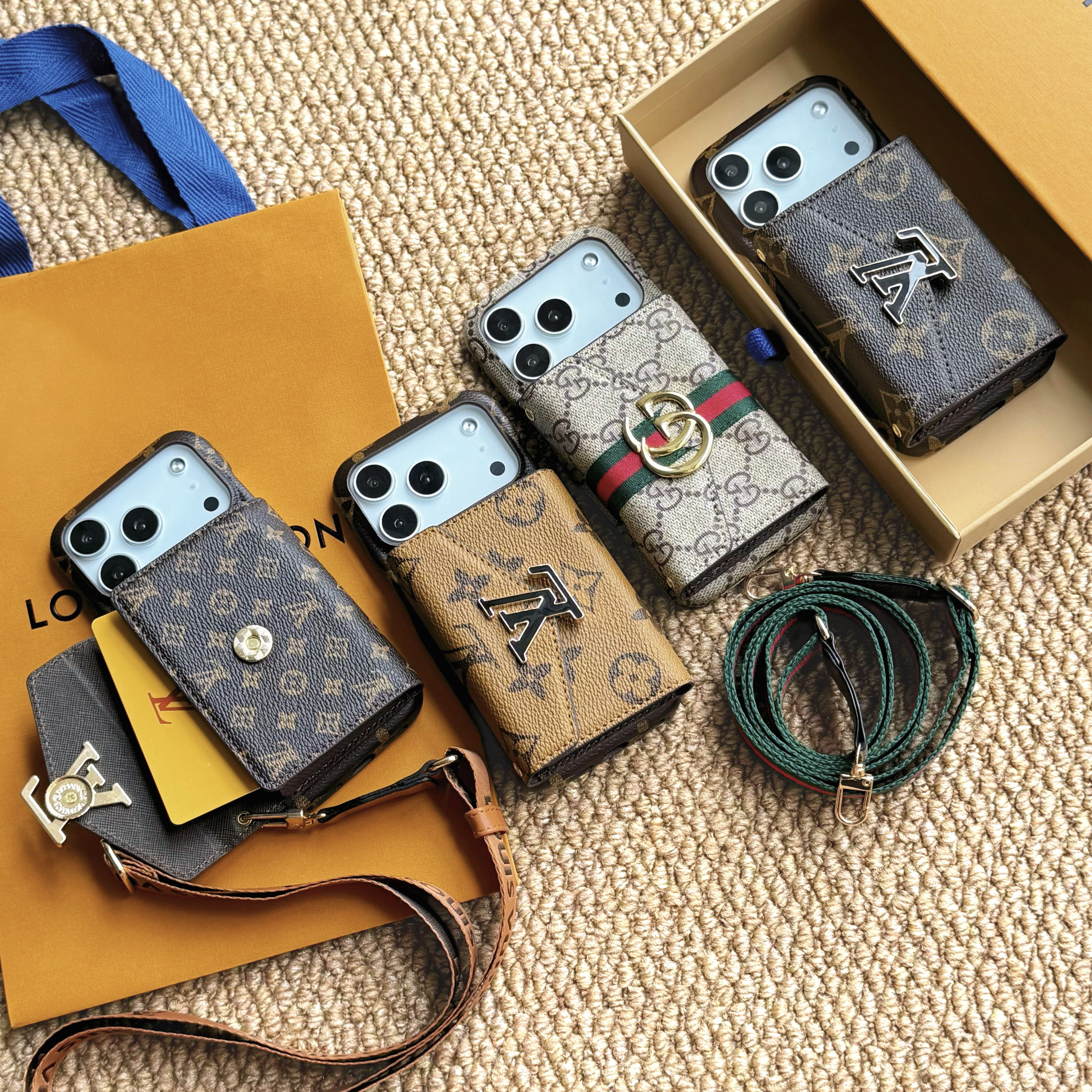 Luxury Leather GG iPhone Case With Card Holder And Strap For iPhone 17 Series-GEGG026