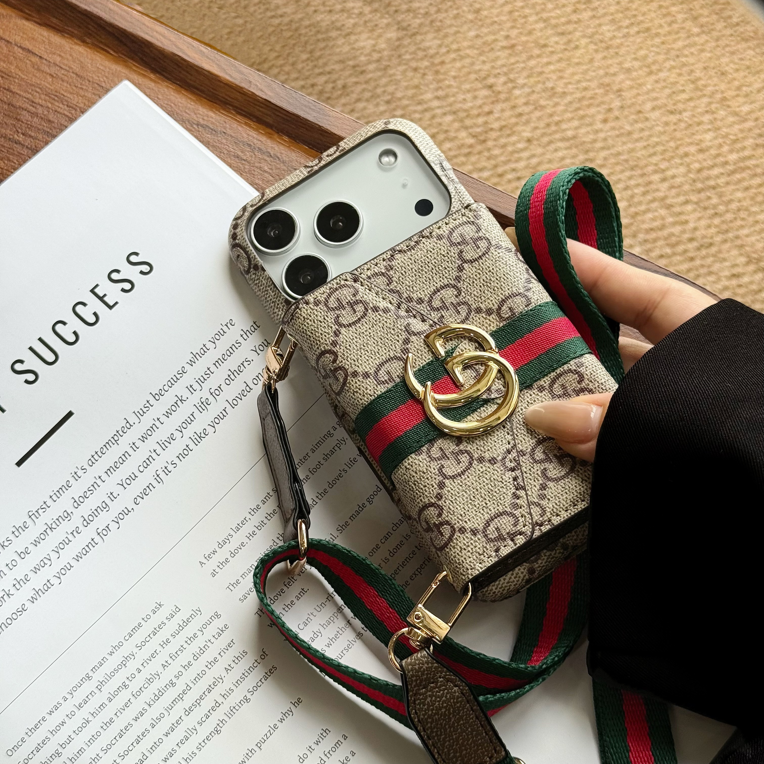Luxury Leather GG iPhone Case With Card Holder And Strap For iPhone 17 Series-GEGG026