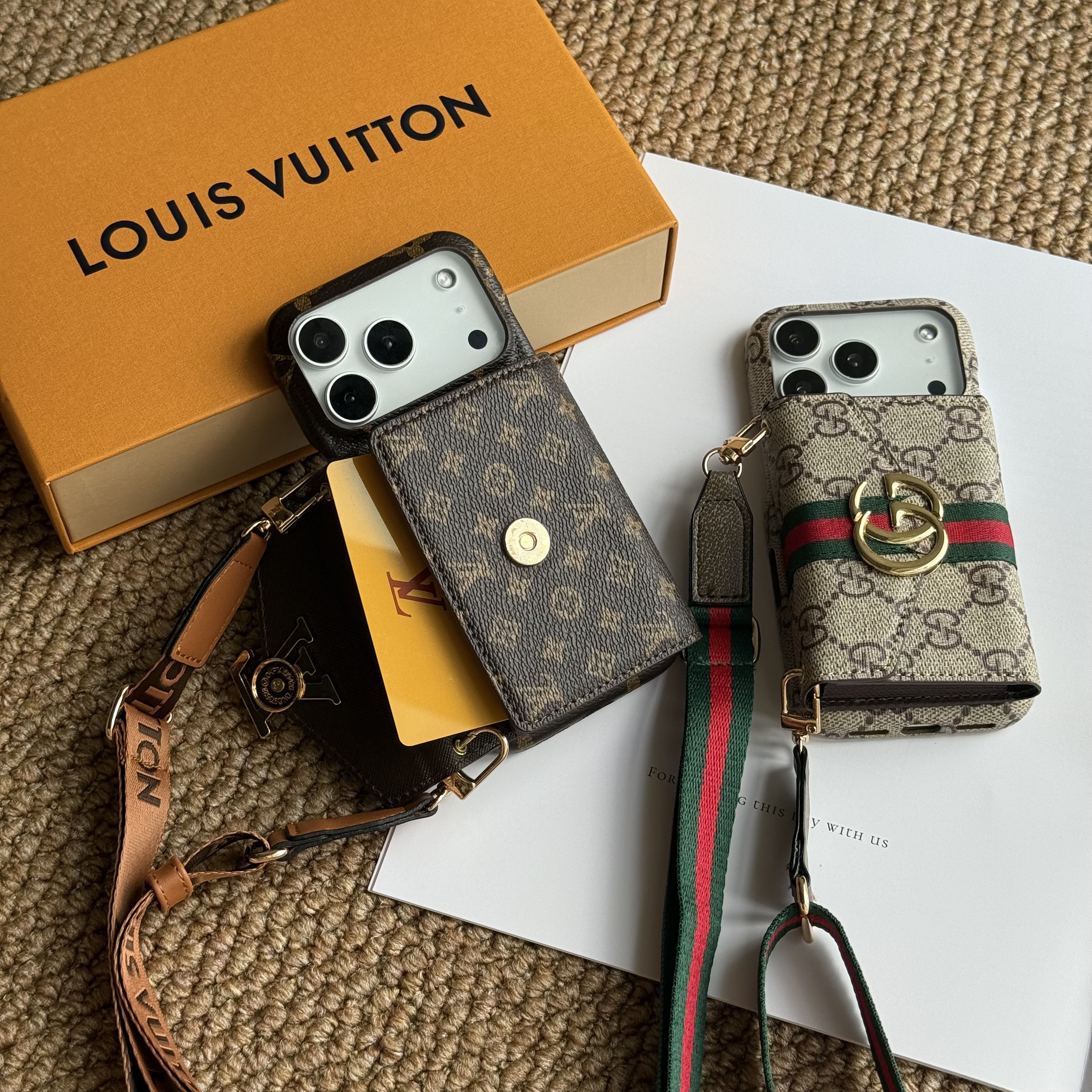 Luxury Leather GG iPhone Case With Card Holder And Strap For iPhone 17 Series-GEGG026