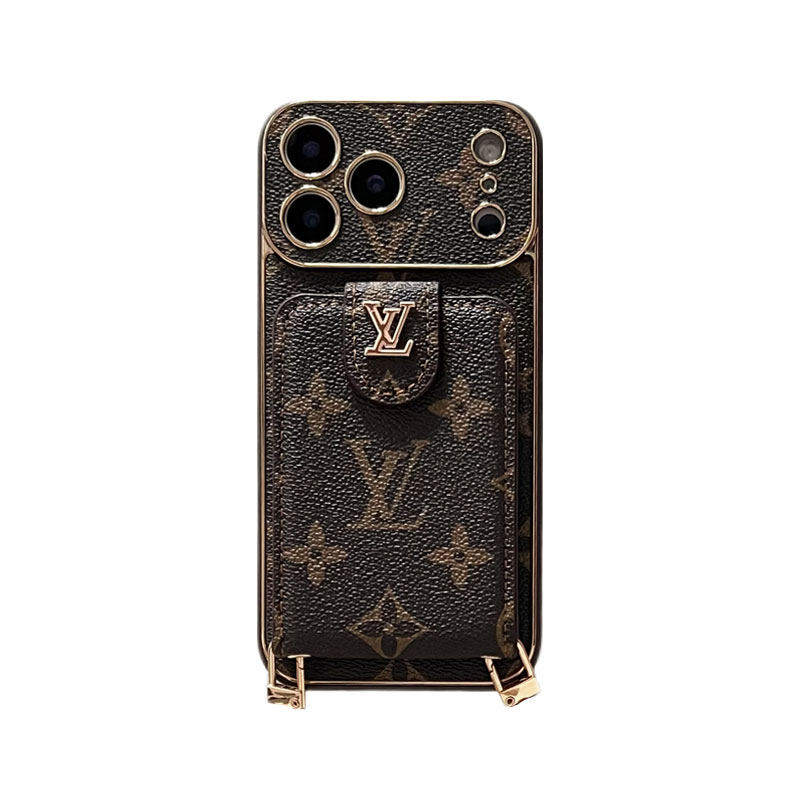 Luxury Leather Monogram iPhone Case With Card Holder And Strap For iPhone 17 Series-GELV007