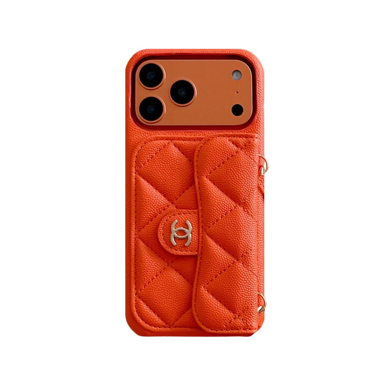 Leather CC iPhone Case With Wallet And Wrist Strap Orange For iPhone 17 Series-GECC032
