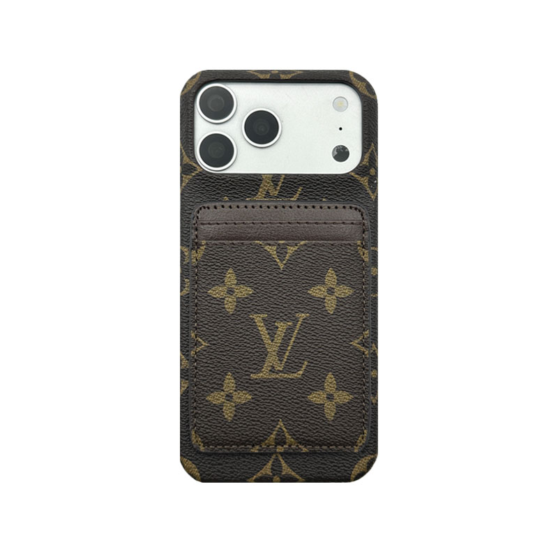Classic Leather Monogram iPhone Case With Magnetic Card Holder Black Printing For iPhone 17 Series-GELV088