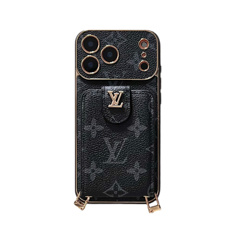 Luxury Leather Monogram iPhone Case With Card Holder And Strap For iPhone 17 Series-GELV007
