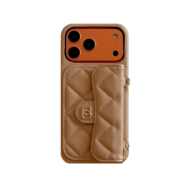 Textured Leather CC iPhone Case With Wallet And Crossbody Strap Orange For iPhone 17 Series-GECC030