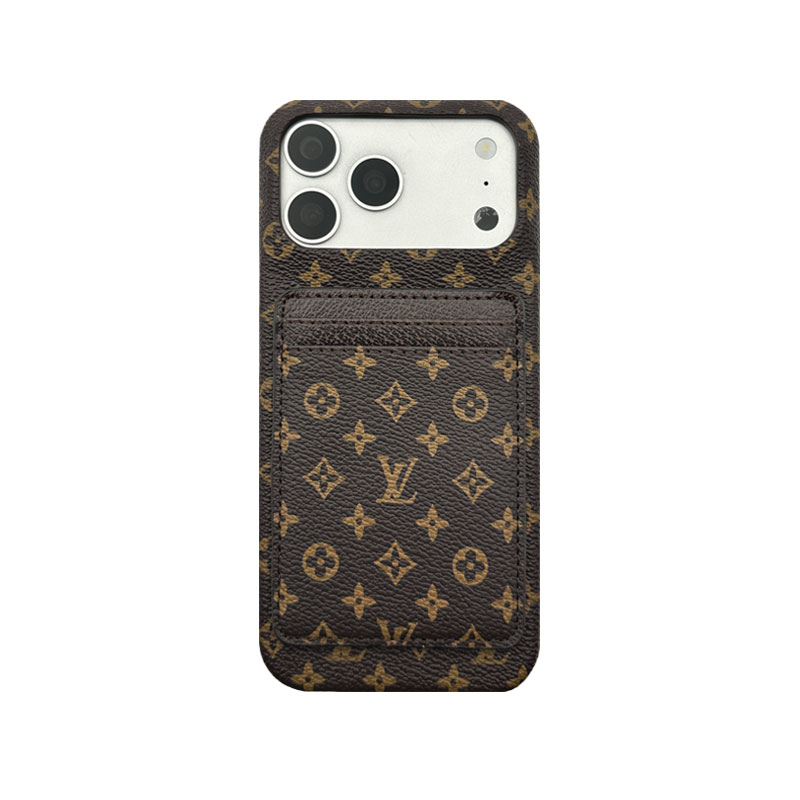 Classic Leather Monogram iPhone Case With Magnetic Card Holder Black Printing For iPhone 17 Series-GELV088