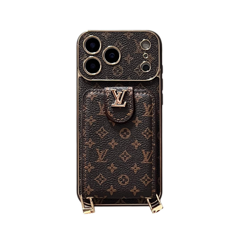 Luxury Leather Monogram iPhone Case With Card Holder And Strap For iPhone 17 Series-GELV007