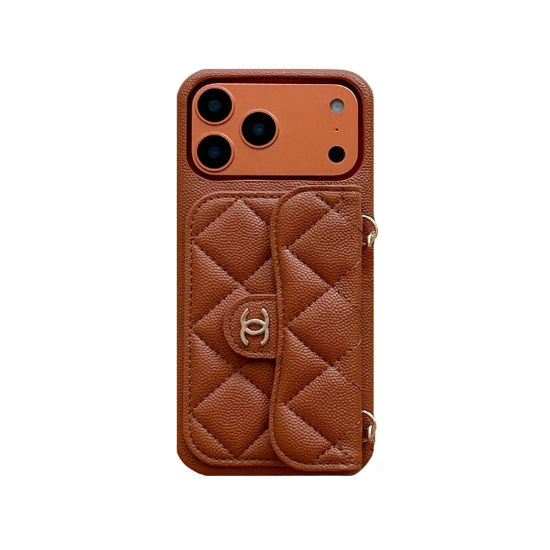 Textured Leather CC iPhone Case With Wallet And Crossbody Strap Orange For iPhone 17 Series-GECC030