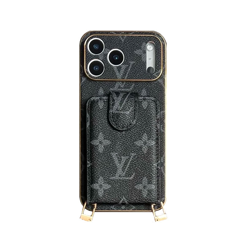 Leather Monogram iPhone Case With Card Holder And Strap Big Printing-JPK251608