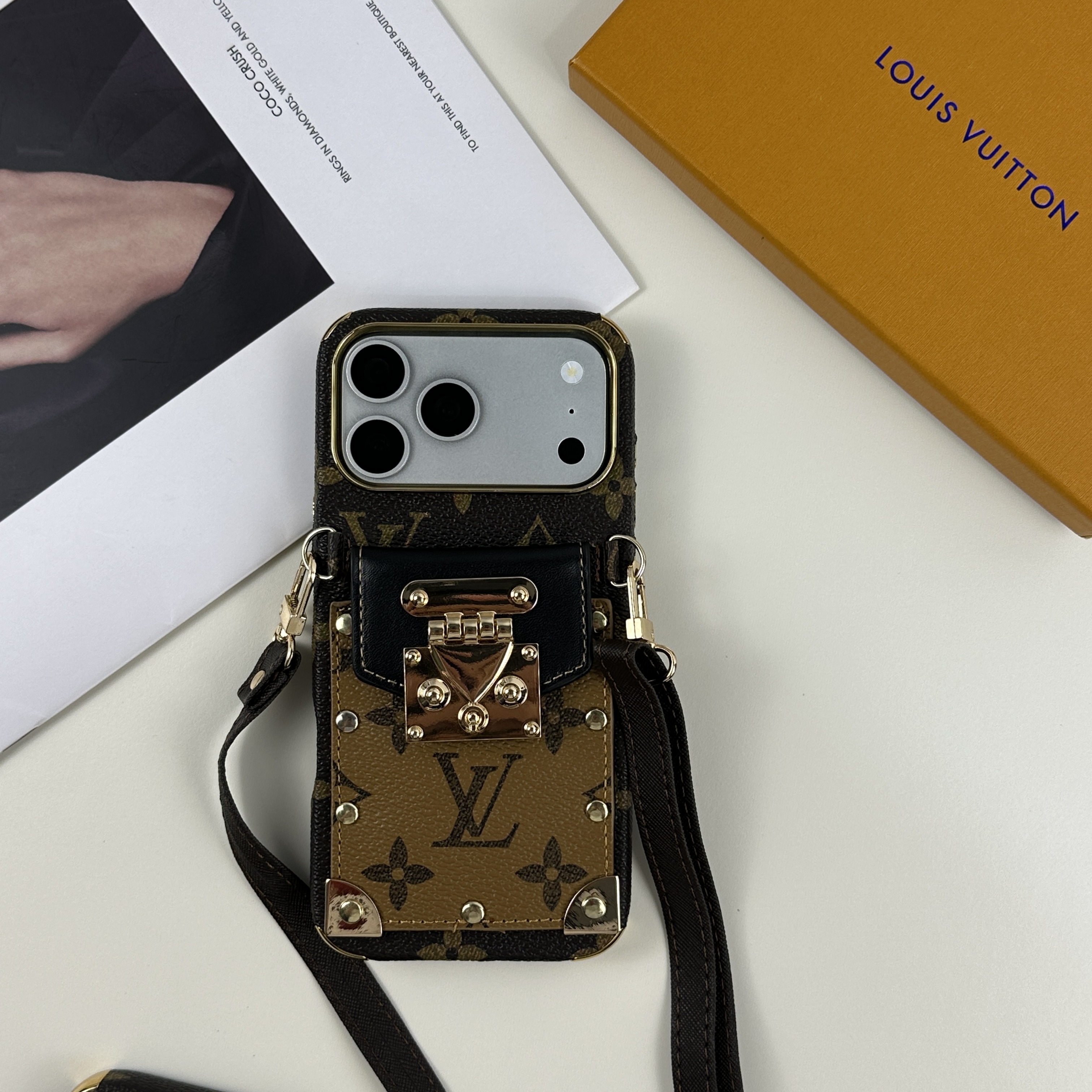 Refined Leather Monogram iPhone Case With Wallet And Crossbody Strap For iPhone 17 Series Black -GELV147