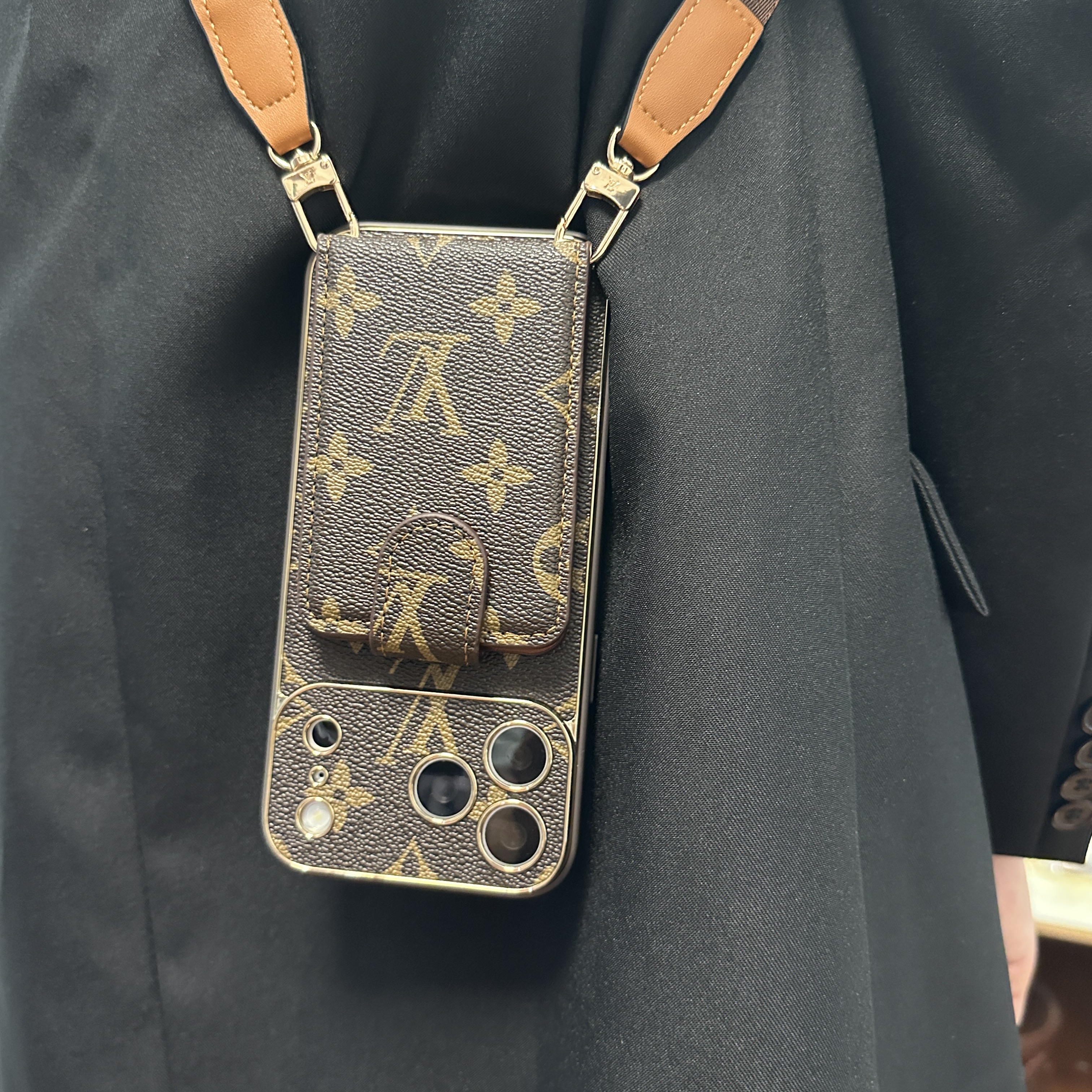 Refined Leather Monogram iPhone Case With Wallet And Crossbody Strap For iPhone 17 Series-GELV143
