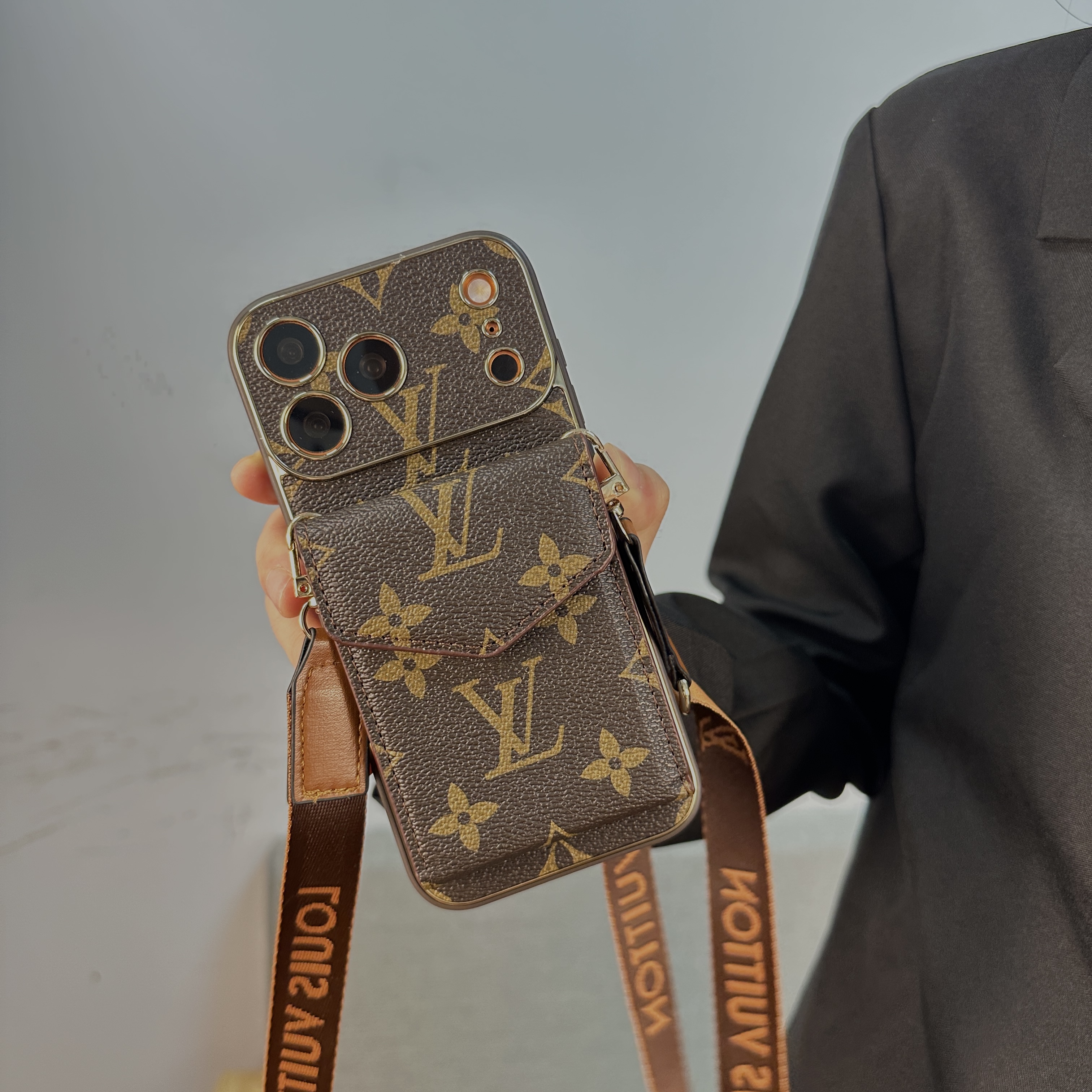 Premium Leather Monogram iPhone Case With Wallet And Crossbody Strap For iPhone 17 Series-GELV145