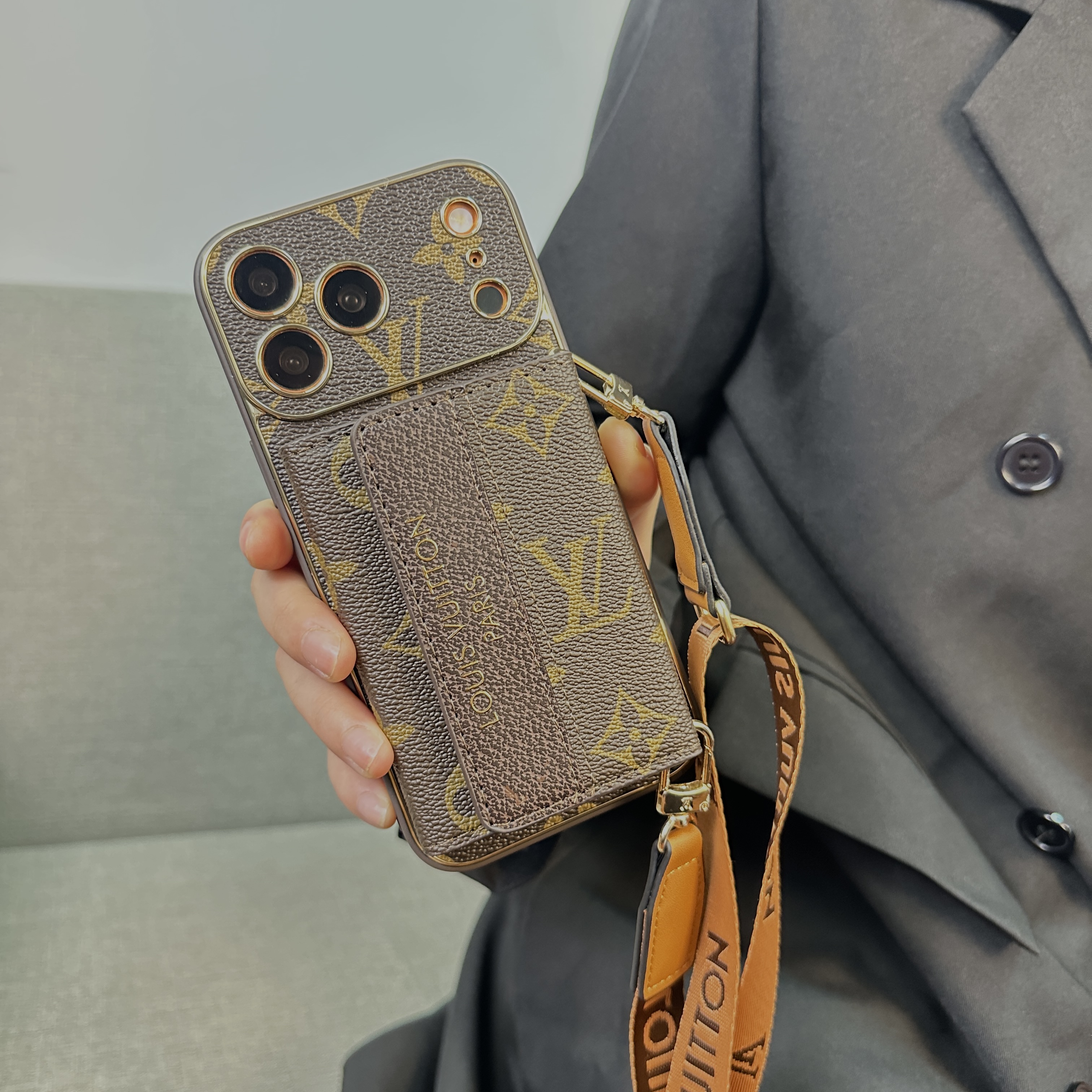 Refined Leather Monogram iPhone Case With Wallet And Crossbody Strap For iPhone 17 Series-GELV146