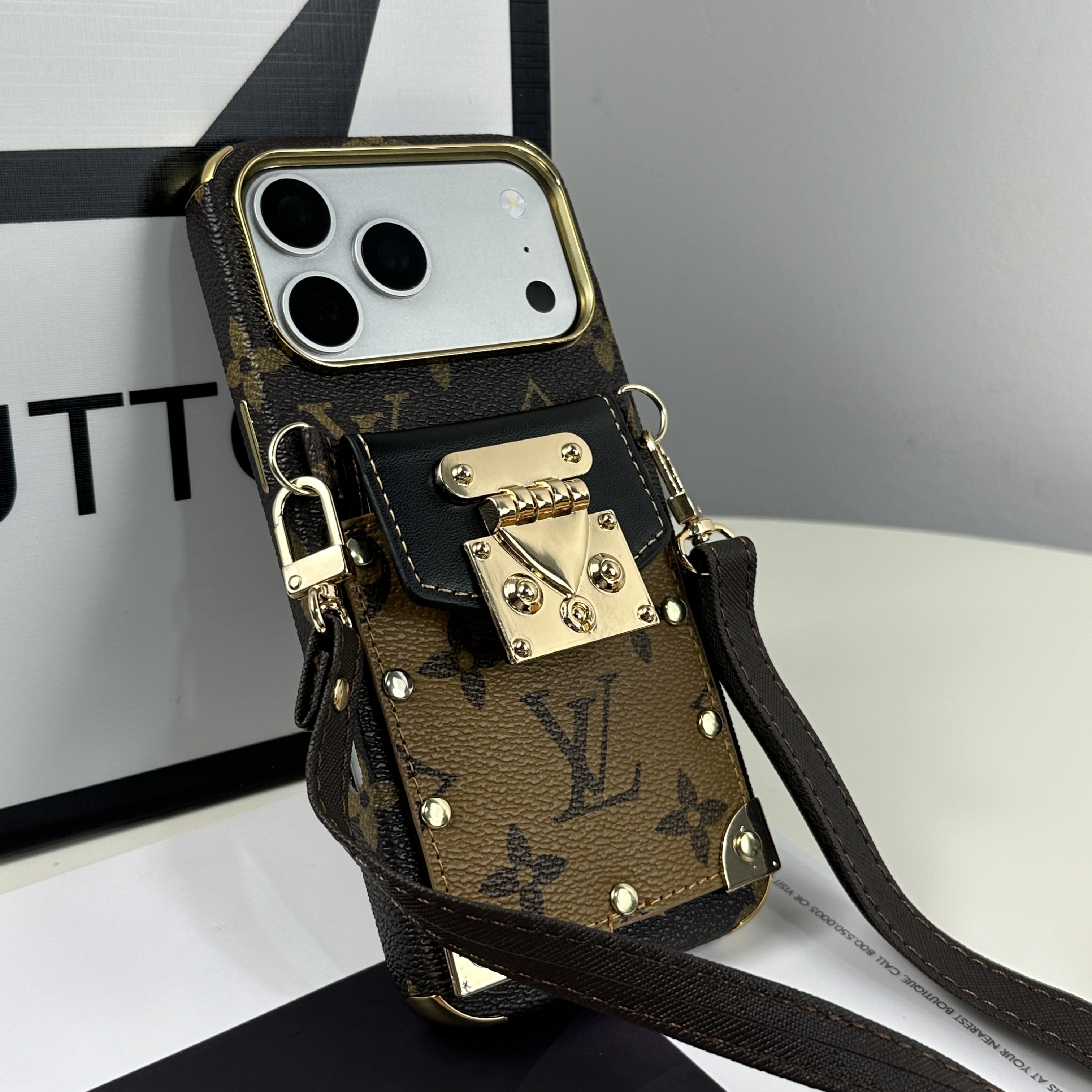 Refined Leather Monogram iPhone Case With Wallet And Crossbody Strap For iPhone 17 Series Black -GELV147