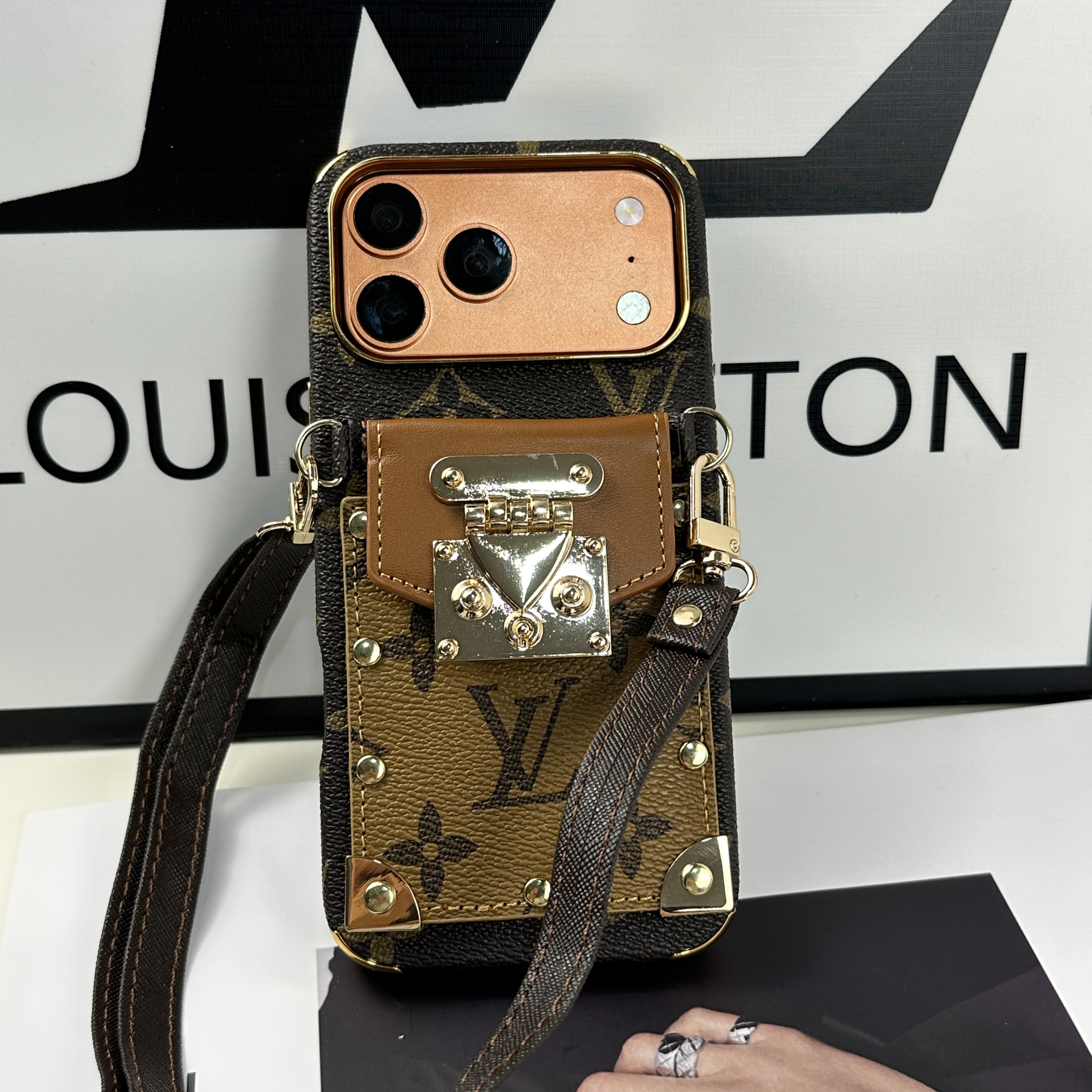 Luxury leather  Monogram iPhone Case With Wallet And Crossbody Strap For iPhone 17 Series Brown-GELV148