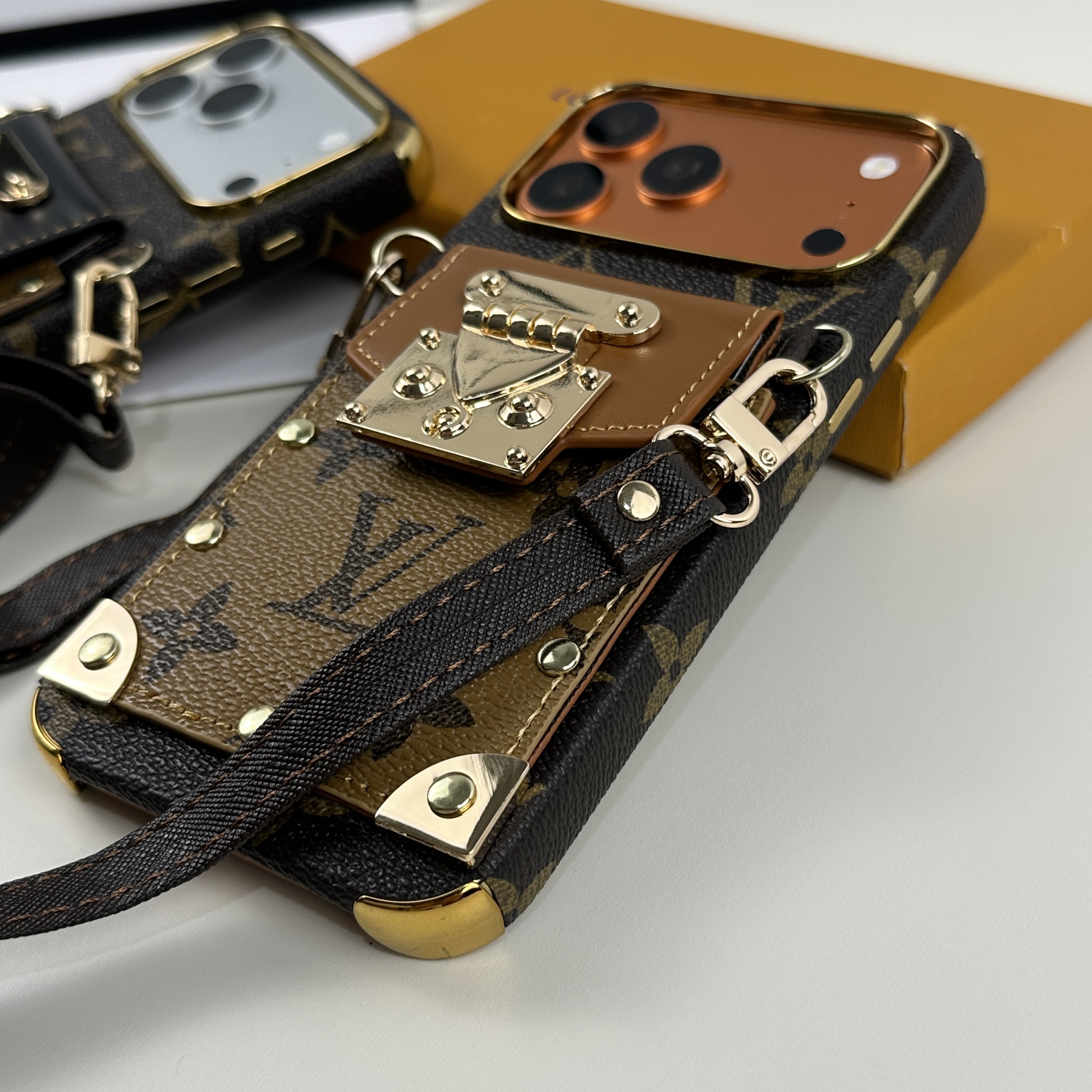 Luxury leather  Monogram iPhone Case With Wallet And Crossbody Strap For iPhone 17 Series Brown-GELV148