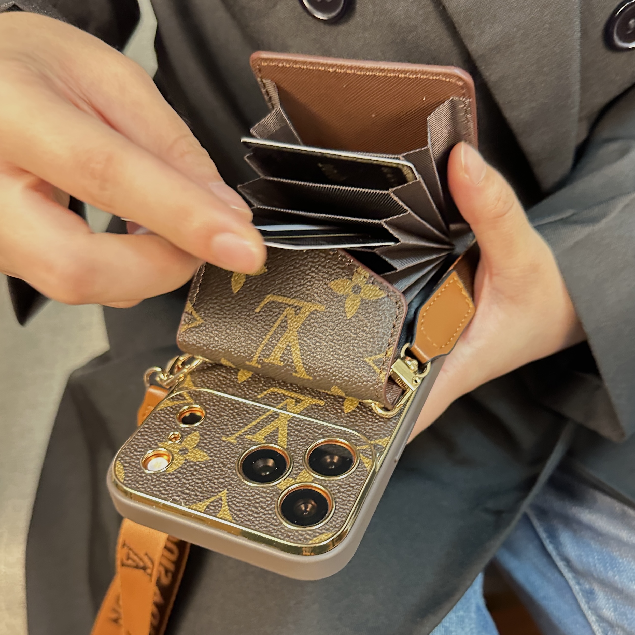 Premium Leather Monogram iPhone Case With Wallet And Crossbody Strap For iPhone 17 Series-GELV145