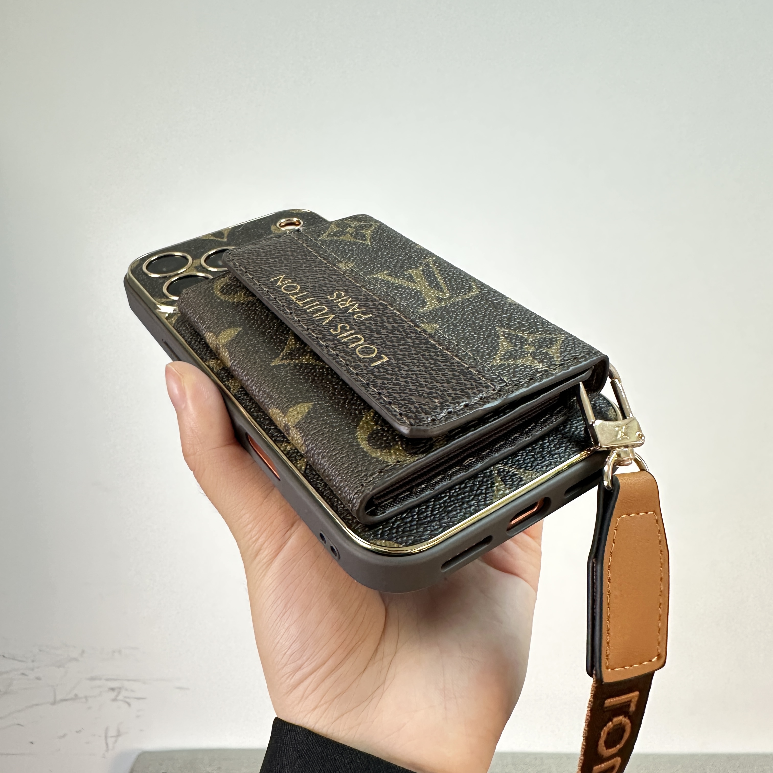 Refined Leather Monogram iPhone Case With Wallet And Crossbody Strap For iPhone 17 Series-GELV146