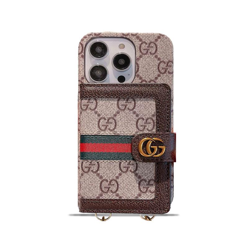 GG iPhone Case With Card Holder And Strap Brown -SZK240401-GTOCASE